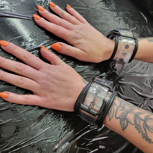 Pvc hand + ankle cuffs with black trim / bdsm, kink, kinky, restraint, collar, vegan, punk, adult